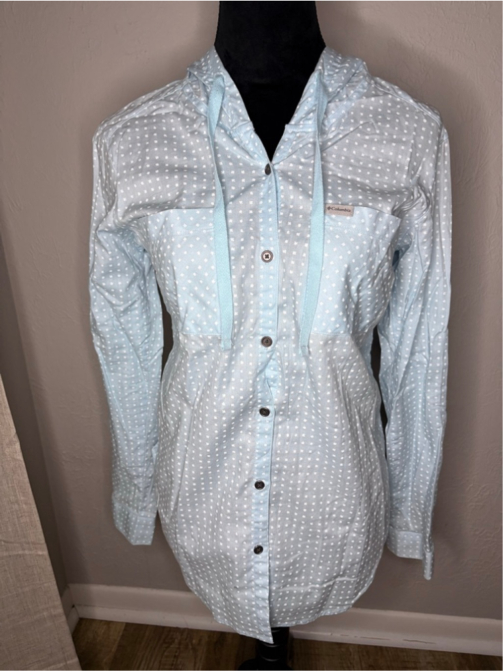 Columbia Light Blue Polka Dot Hooded Button Up Shirt Small
